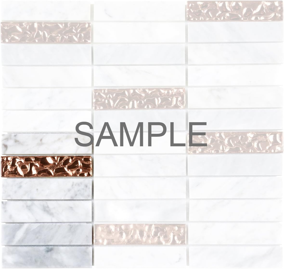 Modket TDH142MO-S Sample White Carrara Marble Stone Mosaic Tile, Rose Gold Glass Inserted Blend Stacked Pattern Backsplash