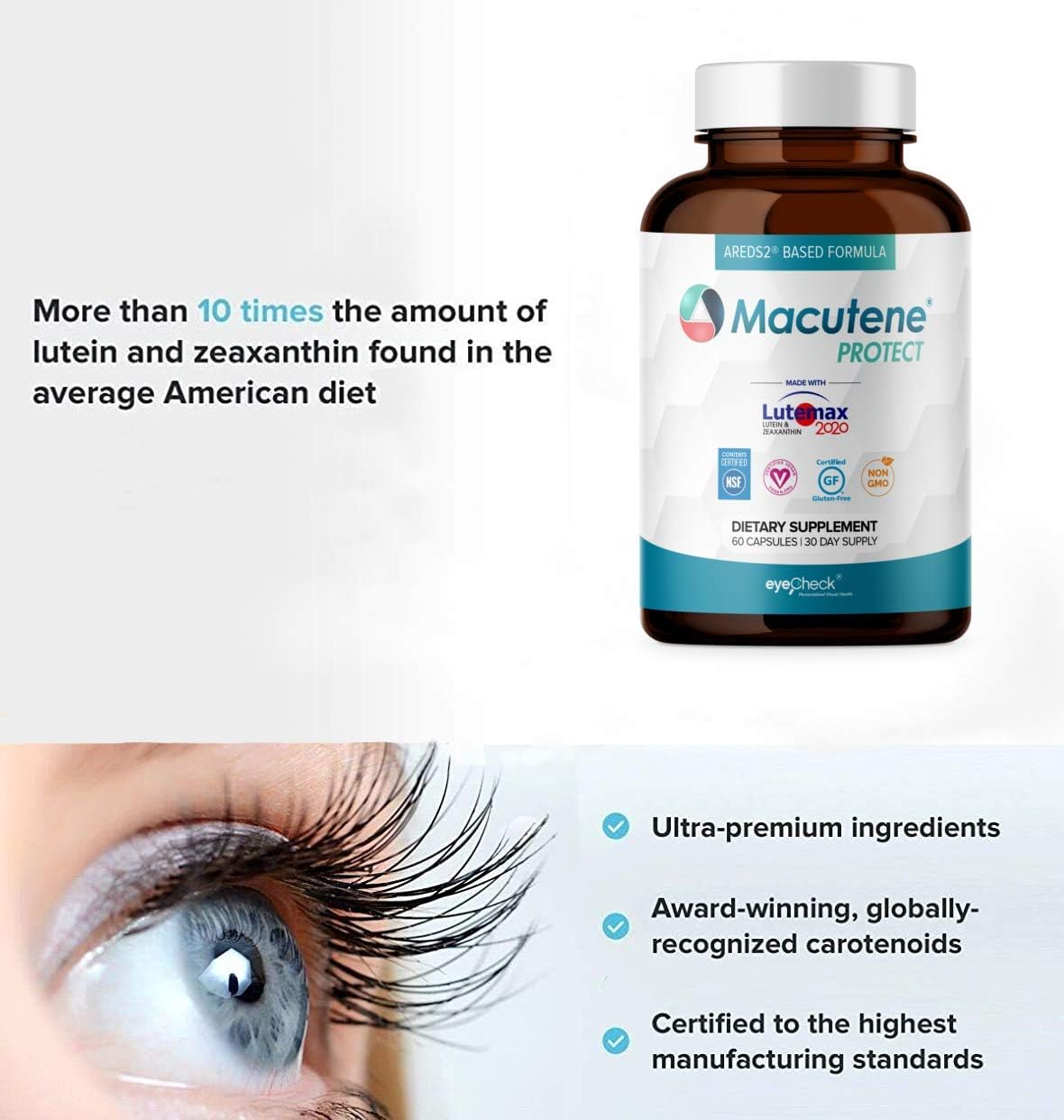 Natural Eye Health Vitamins with Bilberry Zeaxanthin Lutein - Macular Support Supplement, Formula Based On AREDS2® Clinical Trials Plus Carotenoids Quercetin EGCG - Macutene® Protect (60 Capsules): Health & Personal Care