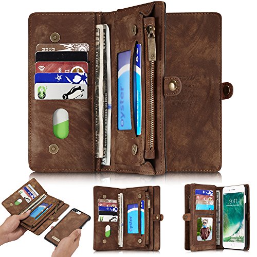 TOPWOOZU iPhone 7Plus Wallet Case, Zipper Wallet Leather Detachable Magnetic Removable Case Purse Clutch Back Flip Credit Card Holder Cover Case for iPhone 7Plus/7Pro 5.5inch