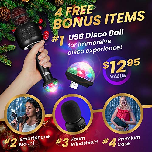 Wireless Bluetooth Karaoke Microphone - Portable KTV Karaoke Machine with Speaker + FREE USB Disco Ball Light & Phone Holder Perfect for Pop, Rock n' Roll Parties, Solo Parties & More (E106 DarkBlack)