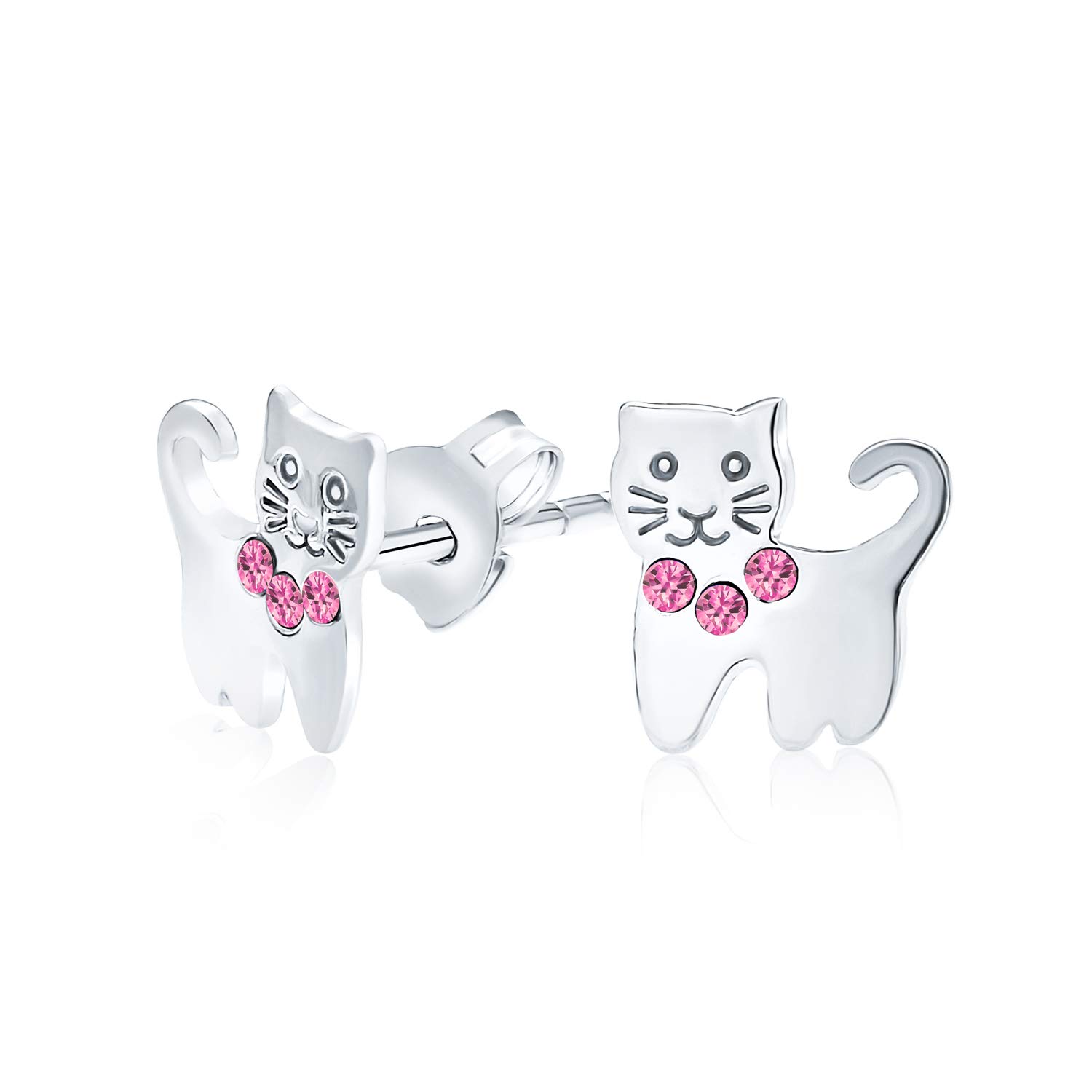Mini Petite Pink Crystal Jeweled Collar Kitty Kitten Animal Pet Cat Stud Earrings For Teen Women .925 Sterling Silver — image 1