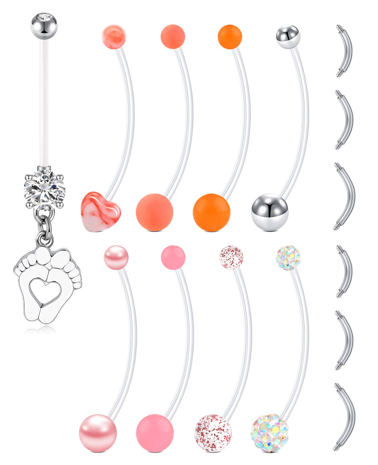 LAURITAMI Pregnancy Navel Bars Pregnant Belly Button Rings Sport Long Barbells Dangle Navel Piercing Body Jewellery Replacement Bars 6/8/10 9pcs Acrylic Bioflex 14G 38mm