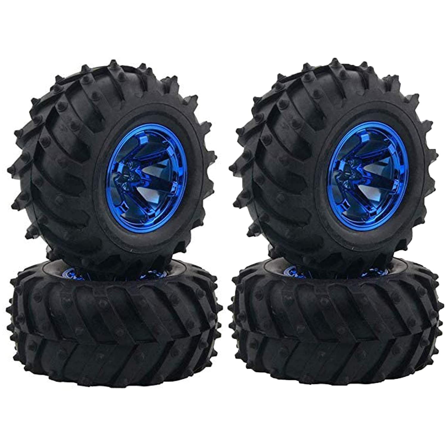 KINGCOO 4pcs 125mm Tyre RC Monster Truck Rubber Tyres and Plastic 6-Spoke Wheel Rims Set Compatible with 1/10 RC Crawler Car for Truggy Truck for HSP HPI Tamiya Kyosho (Blue)