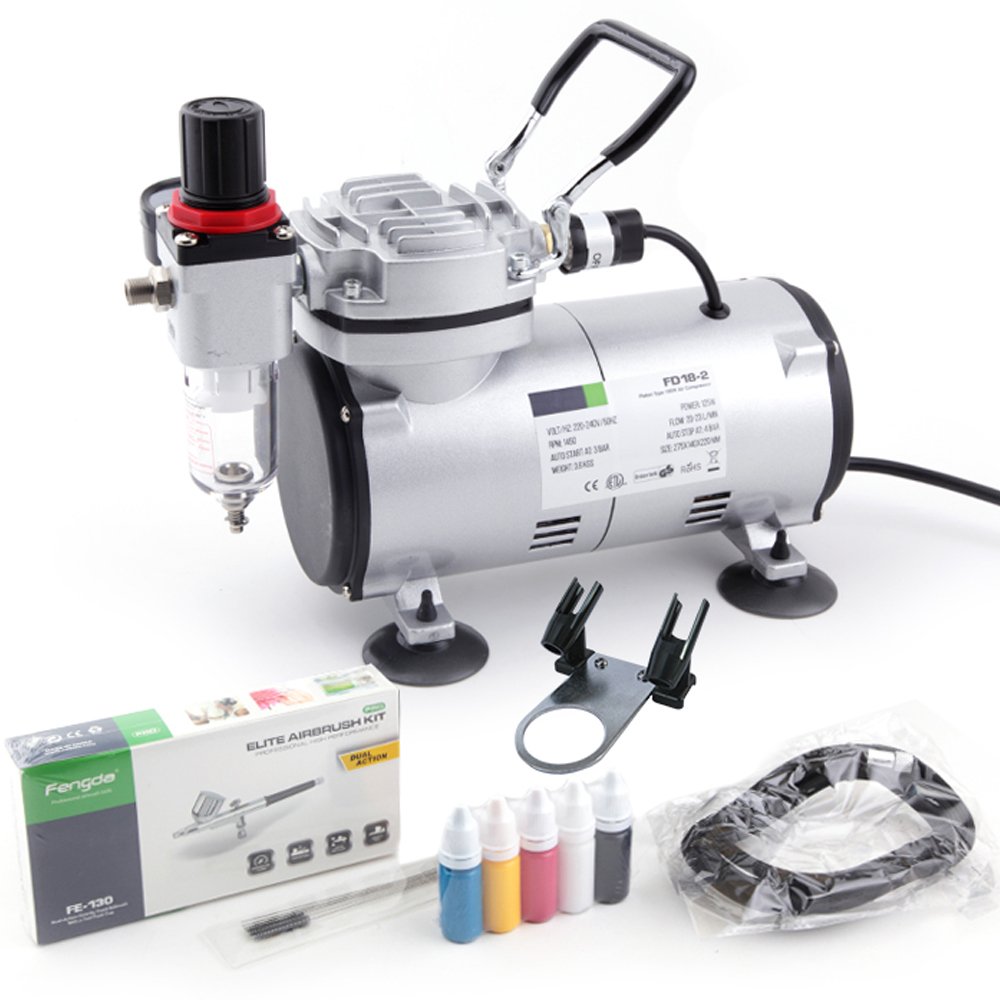 Fengda Basic Airbrush kit with Compressor FD-18-2K with Powerful Working Pressure and Strong Airflow Compressor FD-18-2, Airbrush FE-130 and Accessories