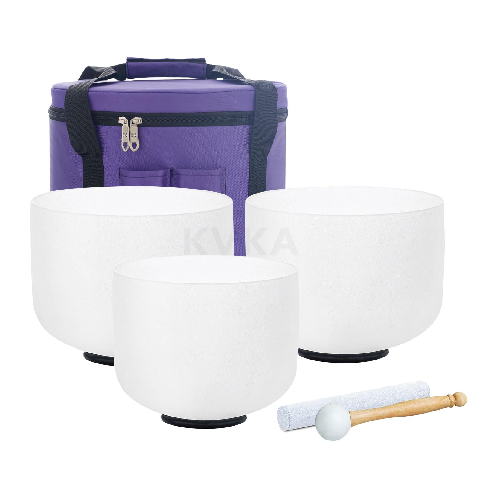 Photo 1 of KVKA 440hz 10C 8F 6A Set of 3pcs Chakra Frosted Quartz Crystal Singing Bowl 6-10 inch with case ?10"C 8"F 6"A)
