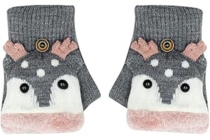 ZGMYC Kids Toddlers Cute Reindeer Fleece Lined Gloves Convertible Flip Top Fingerless Mittens for Boys Girls