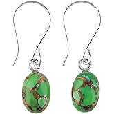 ARTISANJEWELS 925 Sterling Silver Earrings, Genuine Green Turquoise Gemstone, High Grade Cabochon Stones, Handmade Earrings, Chakra Healing Crystals, Birthstone Minimalist Gift for Women