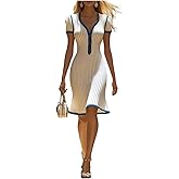 WDIRARA Women's Button V Neck Short Sleeve Sweater Dress Contrast Trim Knit Bodycon Midi Dresses