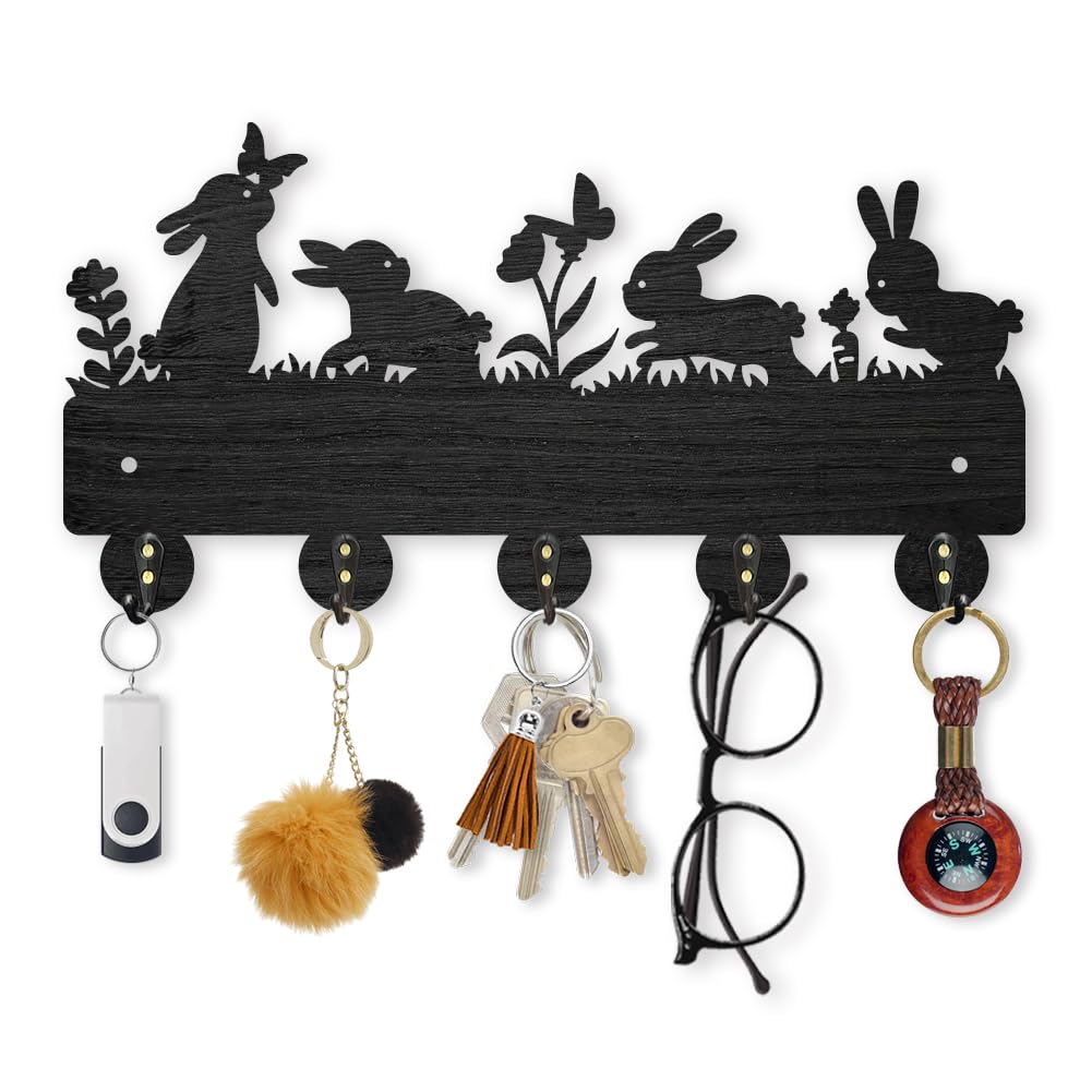 MAYJOYDIY Bunny Meadow Flower Coat Rack 30×18.4cm Wood 4 Rabbits Key Holder for Wall Rabbits Butterfly Wildflower Carrot Key Hanger 5 Alloy Hooks Key Rack for Farmhouse Gift Entryway Art Decor