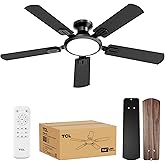 TCL 52" Low Profile Ceiling Fan with Light, Slim, Black, Flush Mount, DC Reversible Motor, 6 Speeds, Remote Control, Noiseless, Dimmable, LED Light, 3CCT, Modern Matte Black Ceiling Fan for Bedroom