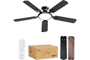 TCL 52" Low Profile Ceiling Fan with Light, Slim, Black, Flush Mount, DC Reversible Motor, 6 Speeds, Remote Control, Noiseless, Dimmable, LED Light, 3CCT, Modern Matte Black Ceiling Fan for Bedroom