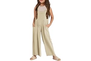 Haloumoning Girls Overalls Kids Casual Sleeveless Wide Leg Jumpsuit Loose Rompers with Pockets 5-14 Years