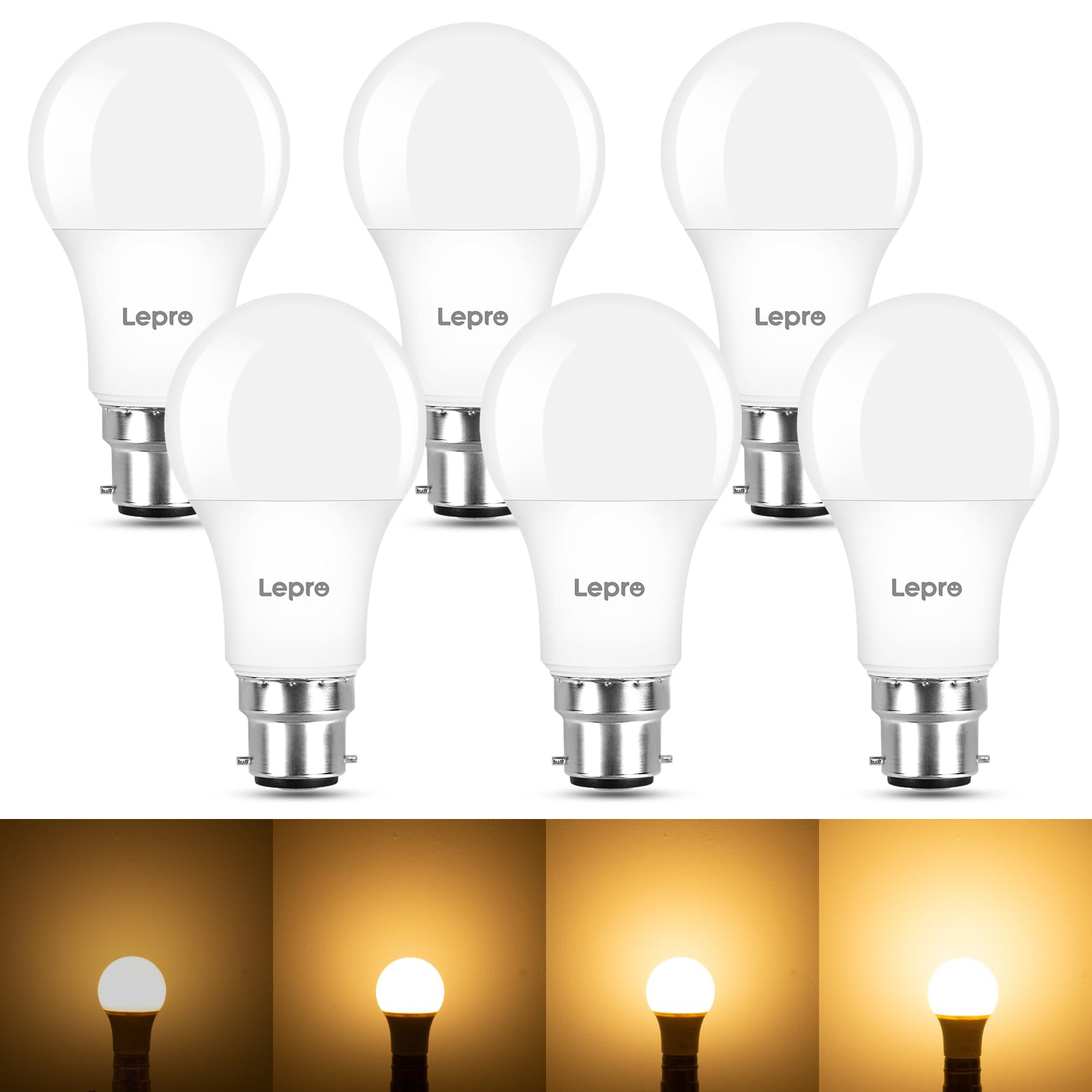 Lepro Dimmable Bayonet Light Bulb, 60W Equivalent, Warm White 2700K, 7W 800 Lumen Light Bulbs Bayonet, BC A60 GLS Energy Saving B22 LED Bulb, Pack of 6