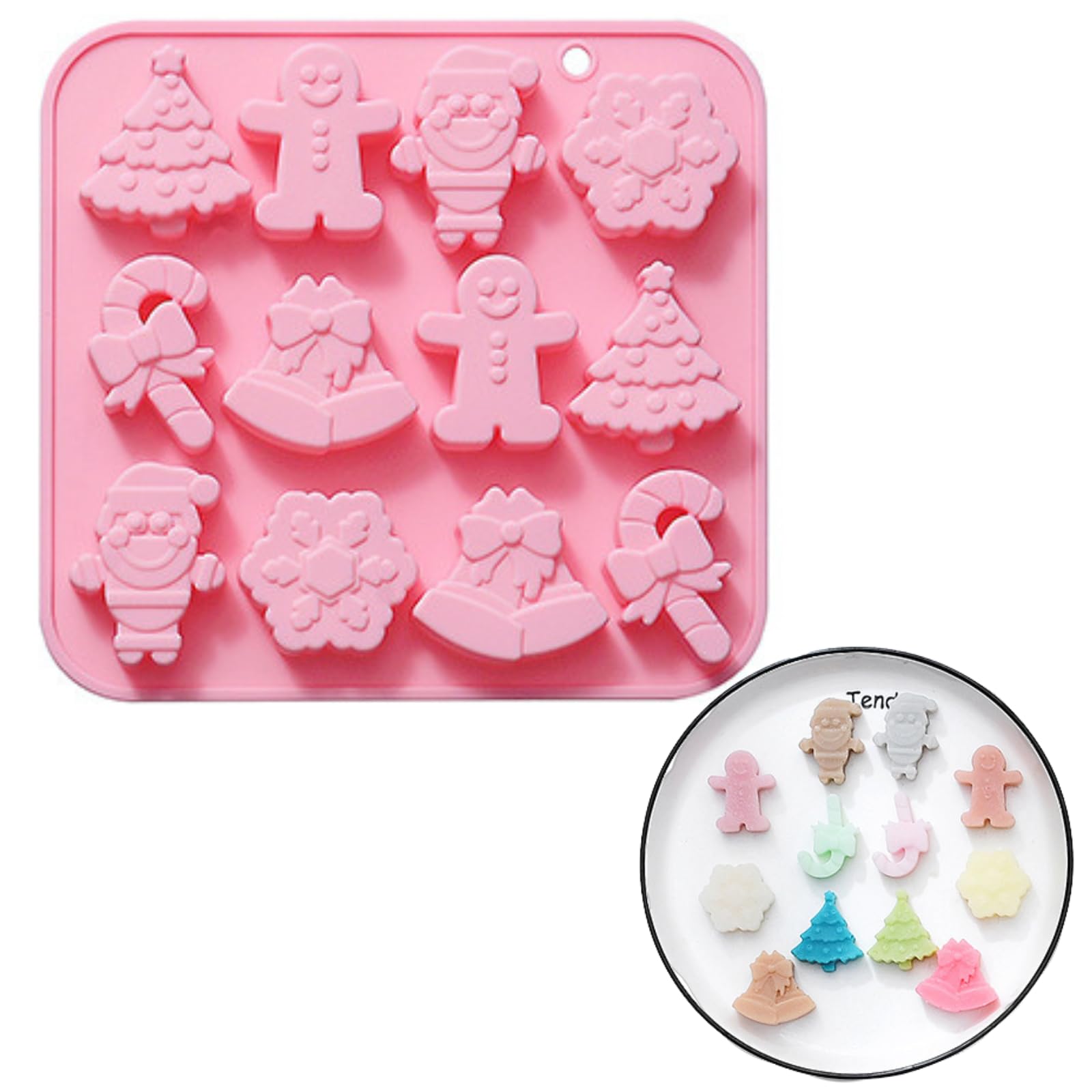 Christmas Chocolate Mould, 1 Pack 12-Cavity Xmas Tree Gingerbread Man Snowman Snowflake Cane Bell Silicone Moulds Jelly Moulds Cake Moulds for Xmas DIY Baking