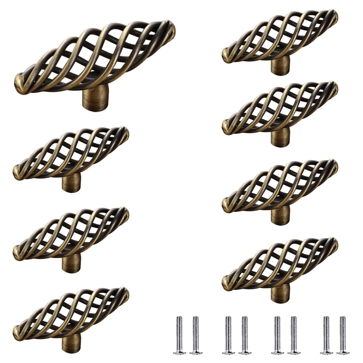 POFET 8pcs Twist Cage Spiral Design Vintage Kitchen Cabinet Cupboard Handles Knobs 7CM Antique brass
