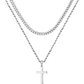 Ursteel Valentines Gifts for Him - 18K Gold Plated Cross Necklaces Chain for Men Boys Gifts, Silver Rope Chain Layered Necklace Jewelry 16 18 20 22 24 Inch