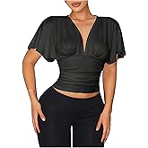 Milumia Women's Ruffle Short Sleeve Cinched Waist Top Deep V Neck Fitted Crop Tops