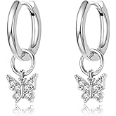 DAILY VIBES Cute Dangle Huggie Earrings for Women 925 Sterling Silver Post Dainty 14K Gold Plated Mini CZ Butterfly Star Cross Heart Charm Drop Cartilage Small Hoop Earrings