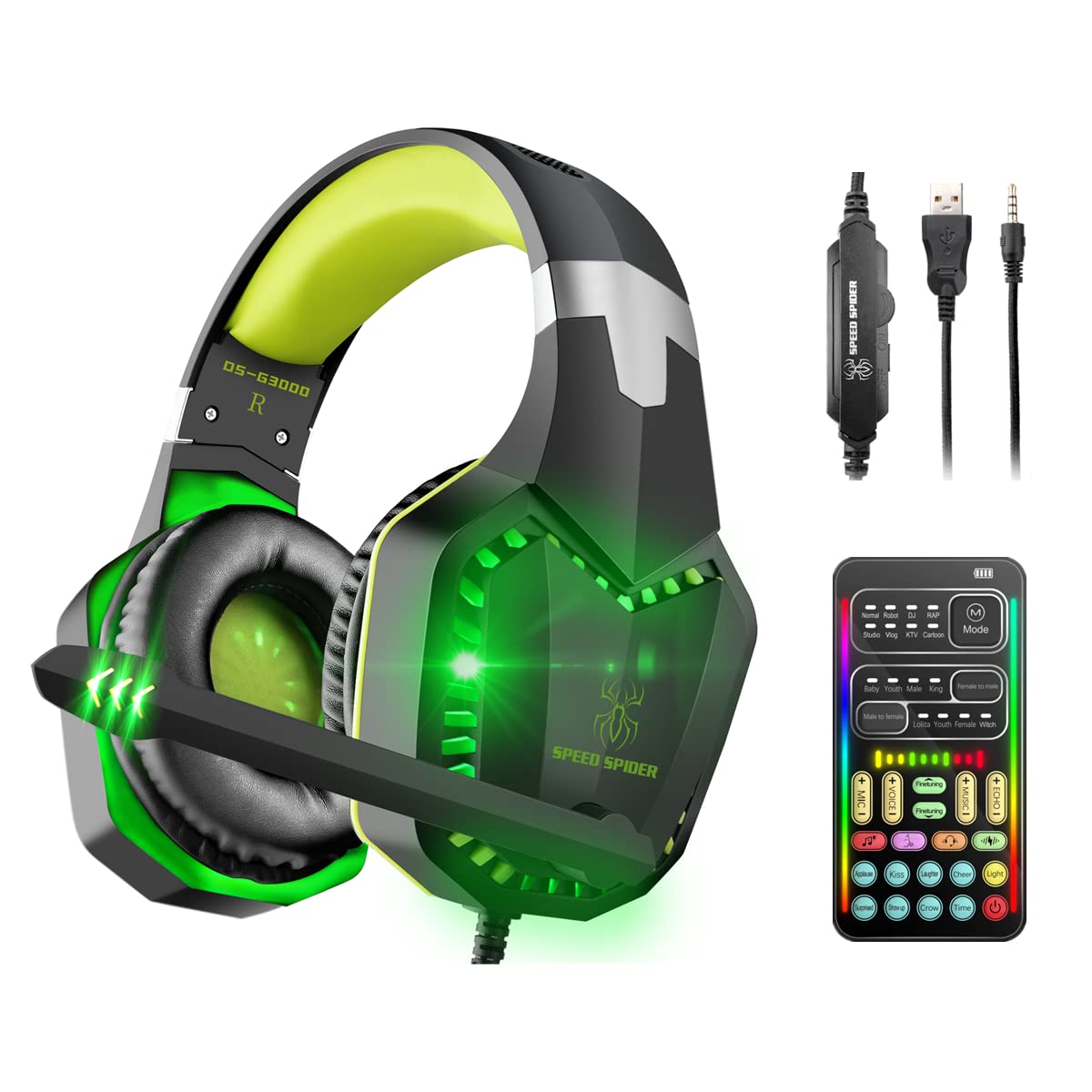 sktome Gaming Voice Changer Headset with Mic, Cool LED Light Over-Ear Headphones with Volume Control, Noise Reduction Voice Changer Gaming Headset for PS4/PS5/Xbox One/PC/Phone/Laptops(Green)