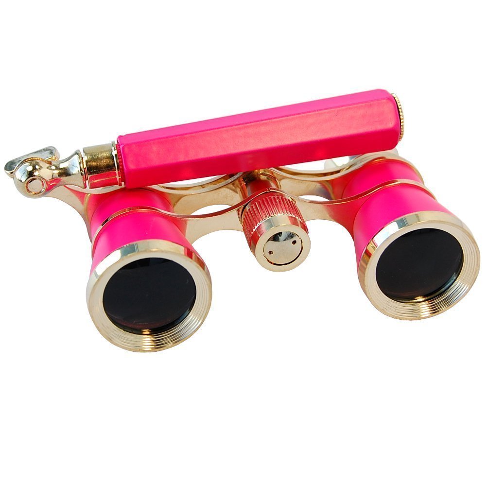 HQRP 3 x 25 Opera Glasses Binocular w/Built-In Extendable Handle/Pink-pearl with Gold Trim