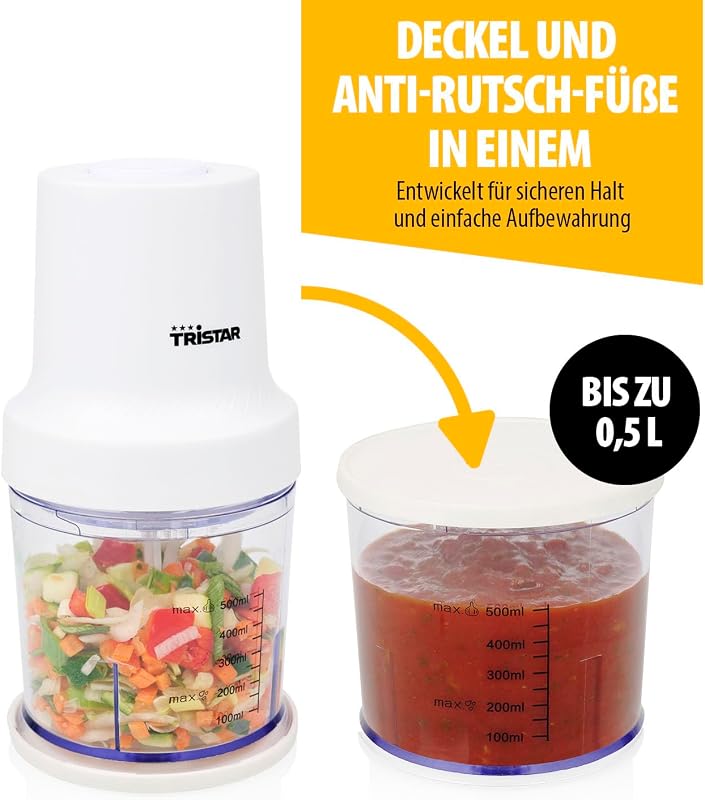 Edelstahl-Zerkleinerer, 400W Motor, 2 Geschwindigkeiten mit Turbo, 2 Edelstahlklingen, 0.5L Schüssel, Kompaktes Design, Spülmaschinengeeignet, Leicht zu Reinigen, BL-4023