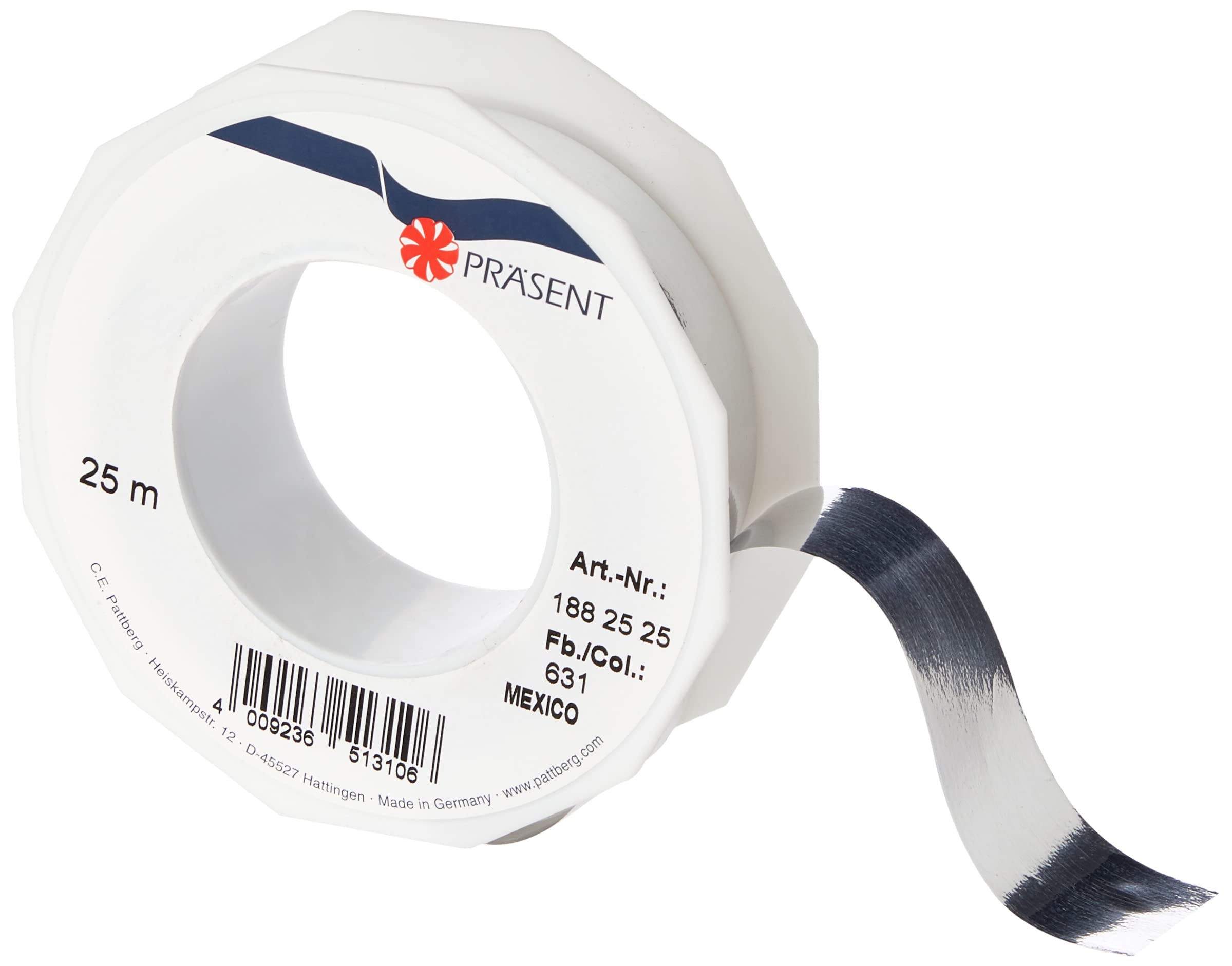 PRÄSENT C.E. Pattberg Mexico Metallic Gift Ribbon Silver, 27 Yards of Balloonribbon for Gift Wrapping, 1 inch Width, Accessories for Decoration & Handicrafts, Decoration Ribbon for Presents, 25mm - 25m, (1882525-631)