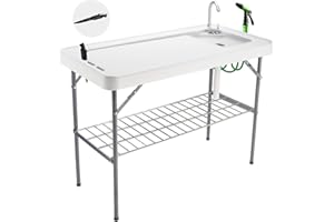 Avocahom Folding Fish Cleaning Table Portable Camping Sink Table with Faucet Drainage Hose & Sprayer Outdoor Fish Fillet Cleaning Station with Grid Rack & Knife Groove for Picnic Fishing, Grey