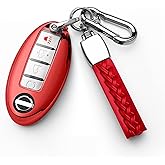 Compatible with Nissan Key Fob Cover with Leather Keychain Soft TPU Protection Key Case for Altima Maxima Rogue Armada Pathfinder Smart Key 3 4 5-Button (Red)