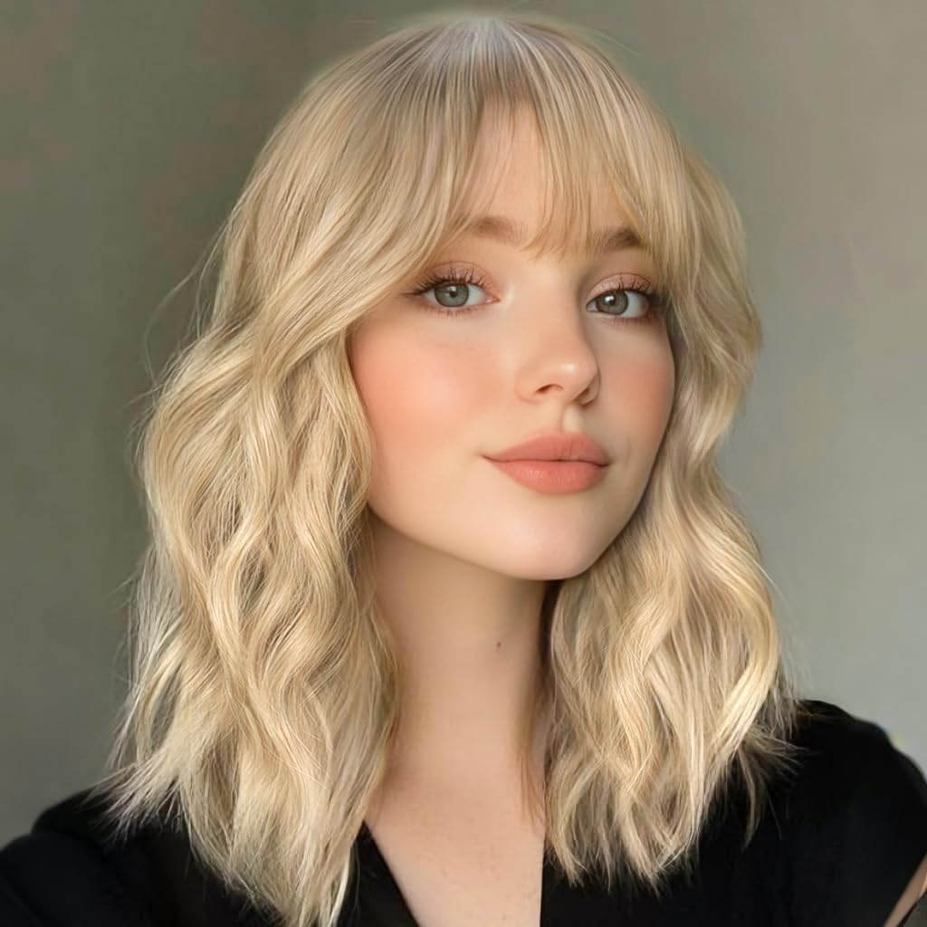 Colorfulpanda Short Bob Wigs for Women Blonde Wavy Wigs with Fringe Natural Heat Resistant Synthetic Hair for Daily Use and Cosplay 14inch — image 1
