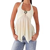Women Halter Top Y2k Flowy Sheer Mesh Split Hem Backless Going Out Tank Top Festival Clubwear