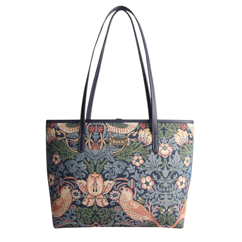 Signare William Morris Strawberry Thief Tapestry Tote Shoulder Bag – Classic Arts & Crafts Bird & Floral Design – Stylish & Durable (Strawberry Thief Blue, COLL-STBL)