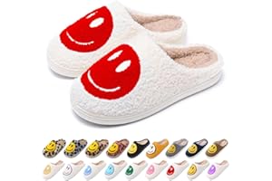 AIMINUO Women's Men's Retro Preppy Happy Face Slippers Comfy Warm Plush Slip-On House Slipper for Winter Indoor Soft Cushion Non-slip Fluffy Slides Slippers