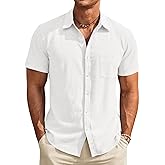 Runcati Mens Button Down Linen Shirt Short Sleeve Casual Vacation Shirts Summer Beach Wedding Tops with Pocket