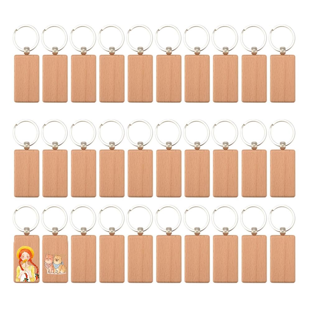 Smallterm 30Pcs Blank Rectangle Wooden Key Chain Diy Wood Keychains Key Tags Can Engrave Diy Gifts