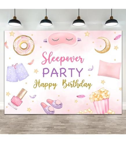 Mocsicka Sleepover Backdrop Sleepover Pajamas Pillow Fight Pink Black Girl Party Decorations Makeup Slumber Party Banner Cake Table Decorations Photo Booth Props (6x4ft