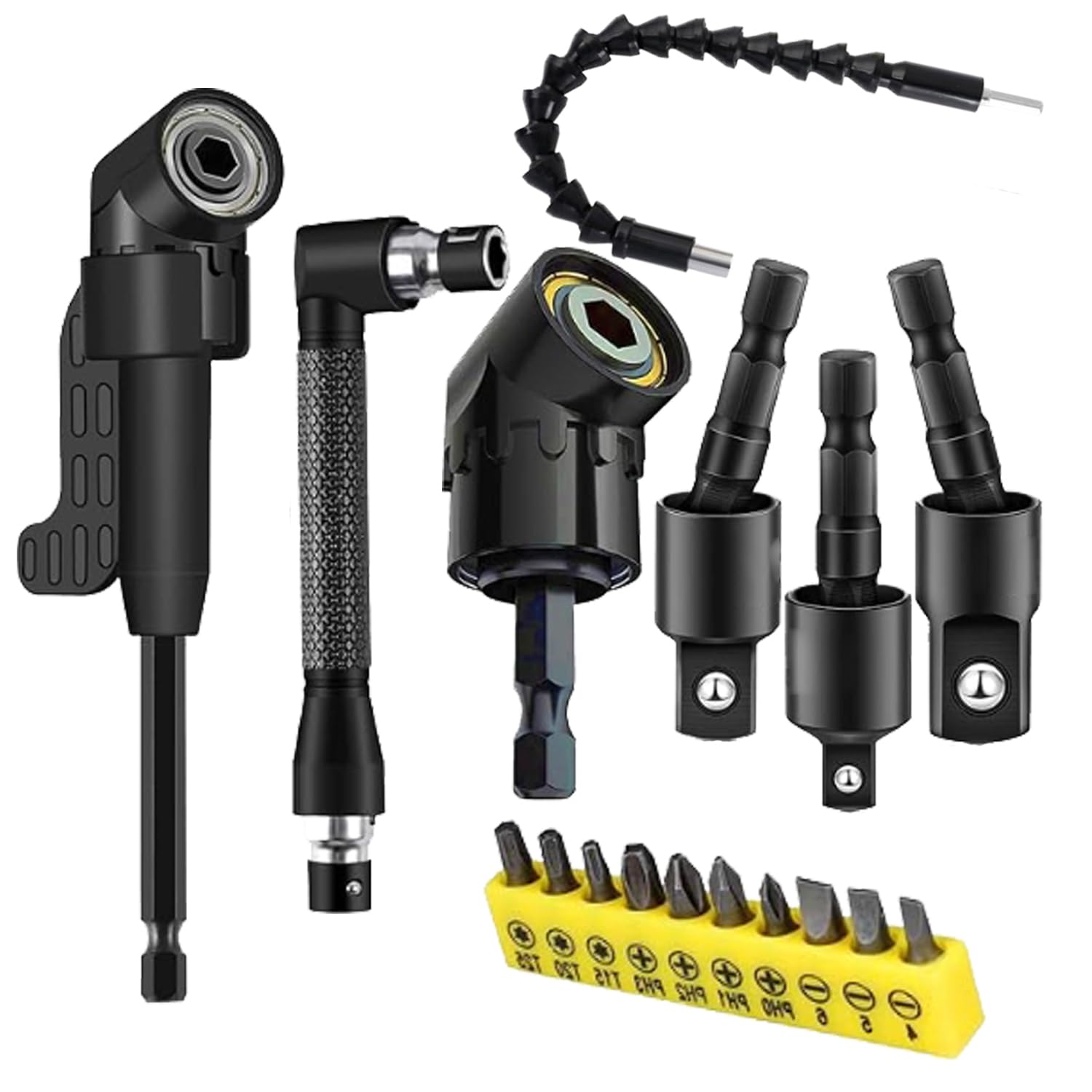 Photo 1 of 17pcs Flexible Magnetic Design Drill Bit Extension with 3 rotatable socket adapters, 2 hex shank 105° right angle drill attachments, 10 short screwdriver bits, and a 90° angled bit flexible extension