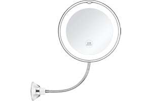 KEDSUM Flexible Gooseneck 6.8" 10X Magnifying LED Lighted Makeup Mirror, Bathroom Magnification Vanity Mirror with Suction Cup, 360 Degree Swivel, Daylight, Battery Operated, Cordless & Travel Mirror