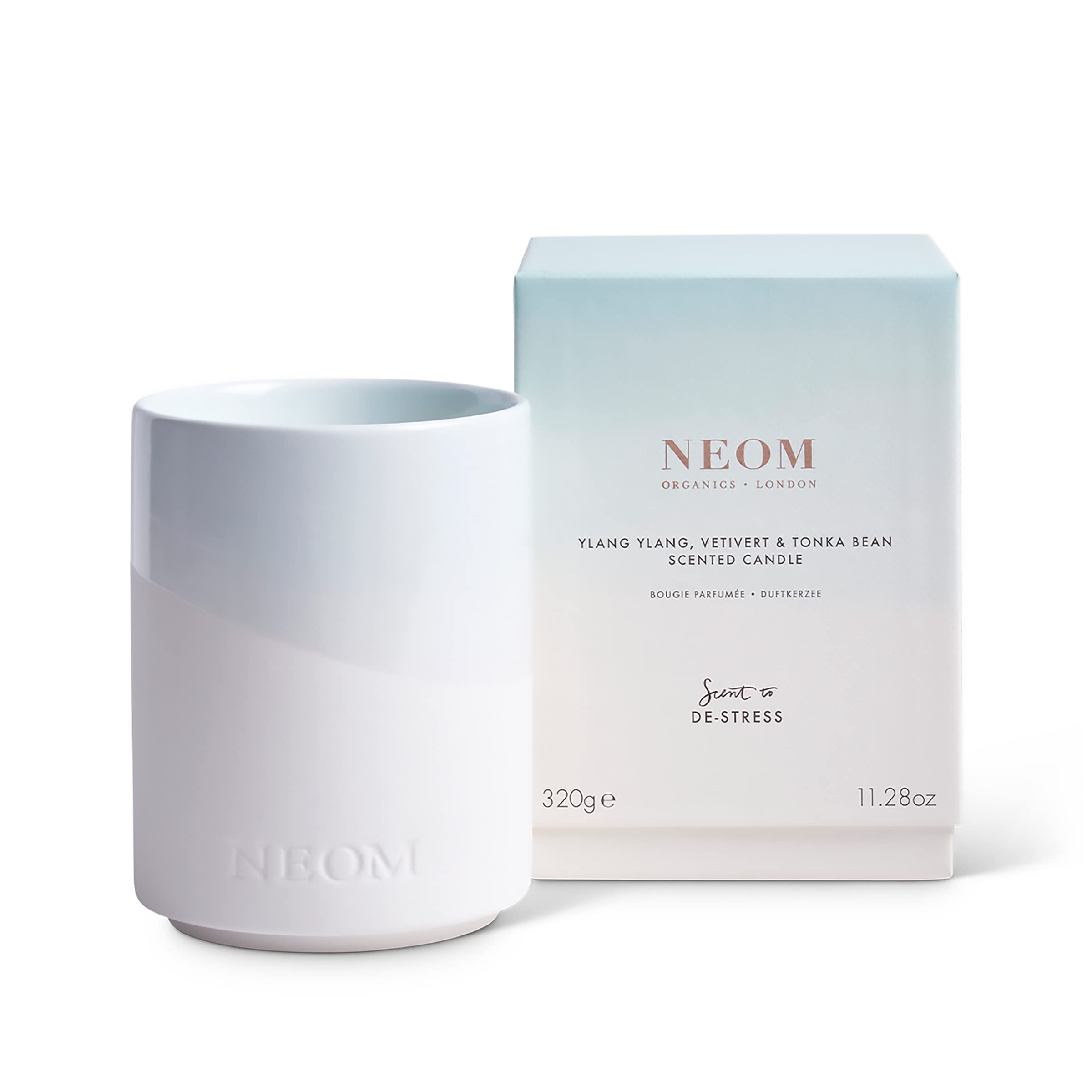 NEOM- Ylang Ylang, Vetivert & Tonka Bean Luxury Scented Ceramic Candle, 320g | Scent to De-Stress | 2 Wick