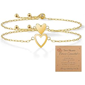 FRSCFW Matching Heart Bracelets for Women | 14K Gold Plated Adjustable Matching Bracelet Set, Friendship Bracelets for Best F