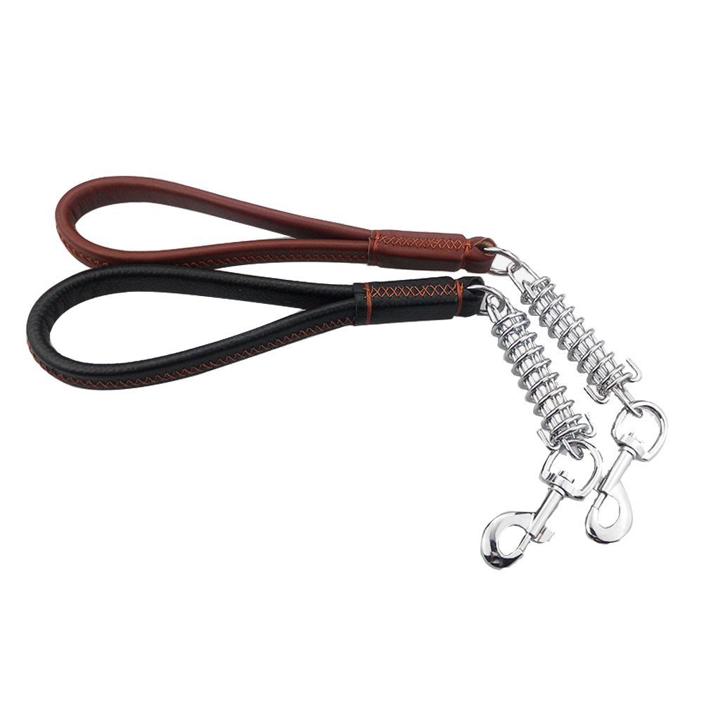 Cliont 12" Genuine Leather Dog Short Leash Lead Heavy Duty for Large Dog with Stainless Steel Buffer Shock Spring (2.5x 50(cm), Black)