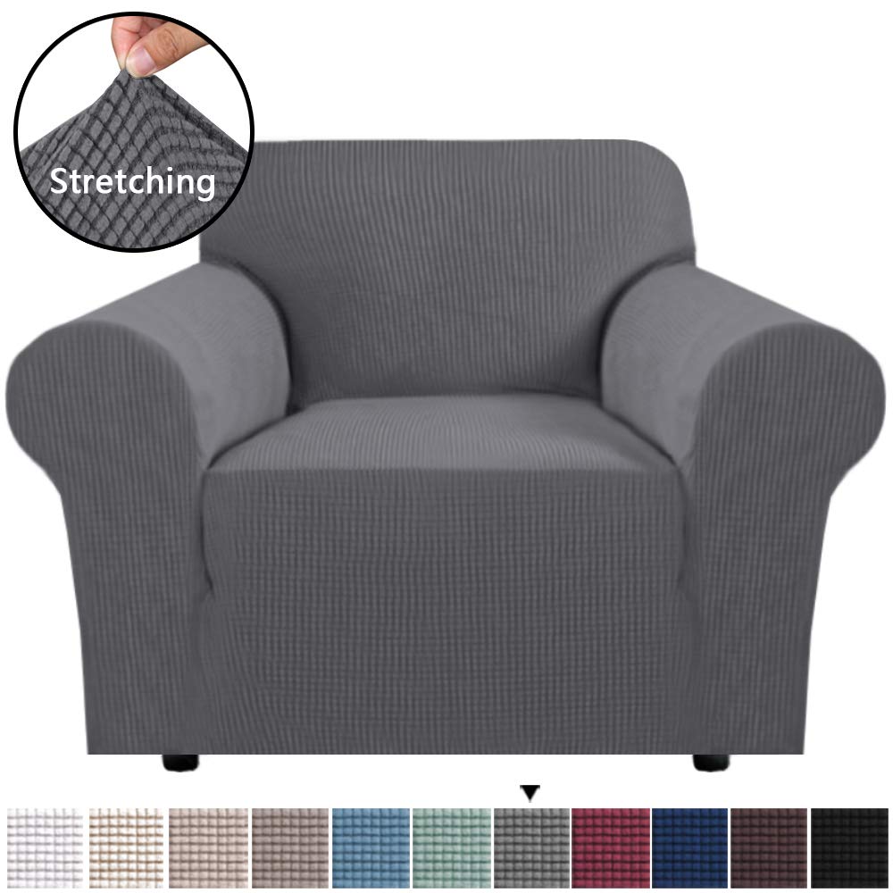 H.VERSAILTEX Stretch Chair Slipcover Sofa Cover Furniture Protector Cover Luxury Lycra High Spandex Small Checks Knitted Jacquard Sofa Cover Chair Covers for Living Room (Armchair 32"-48", Gray)