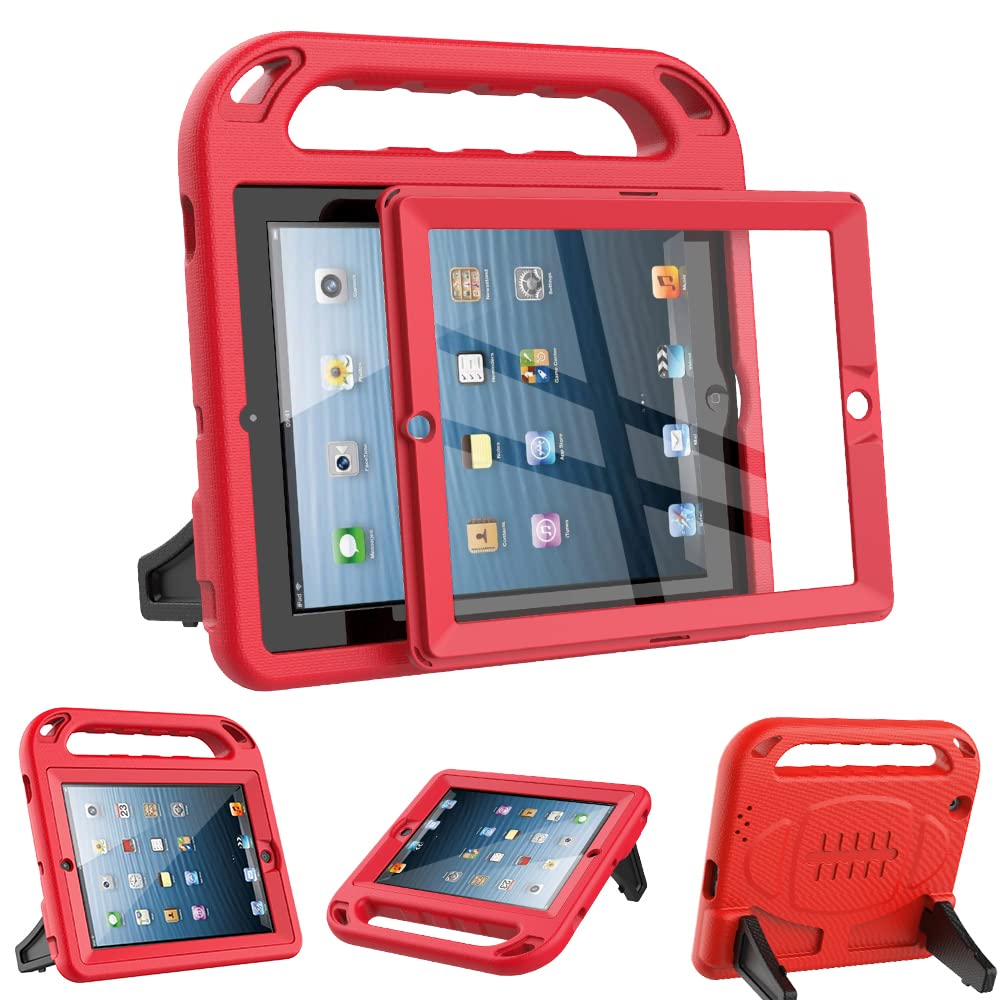 Surom Kids Case for iPad 2 3 4 （Old Model）- Built-in Screen Protector, Shockproof Handle Stand Kids Friendly Protective Case for iPad 2nd 3rd 4th Generation, Red