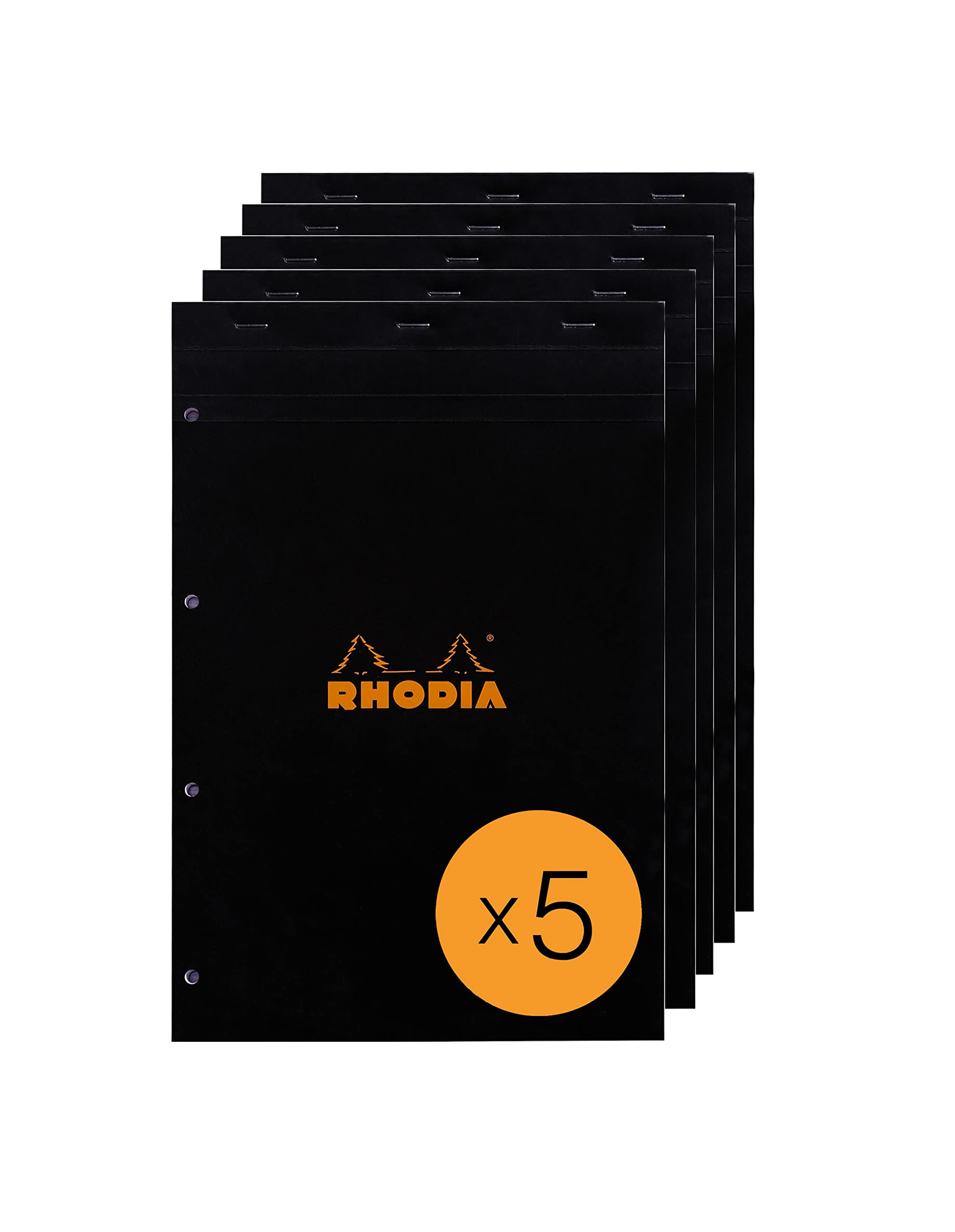 RHODIA 202009C - Stapled Notepad N°20 Black - A4+ - Small Squares - 80 Detachable Sheets 4 Hole Punched - White Clairefontaine Paper 80 g/m² - Pack of 5 pads