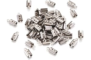 PH PANDAHALL Pandahall 200pcs Stainless Steel Fold Over Crimp Cord Ends Ribbon Clamp with Loop 8.5x3mm for Jewelry Making