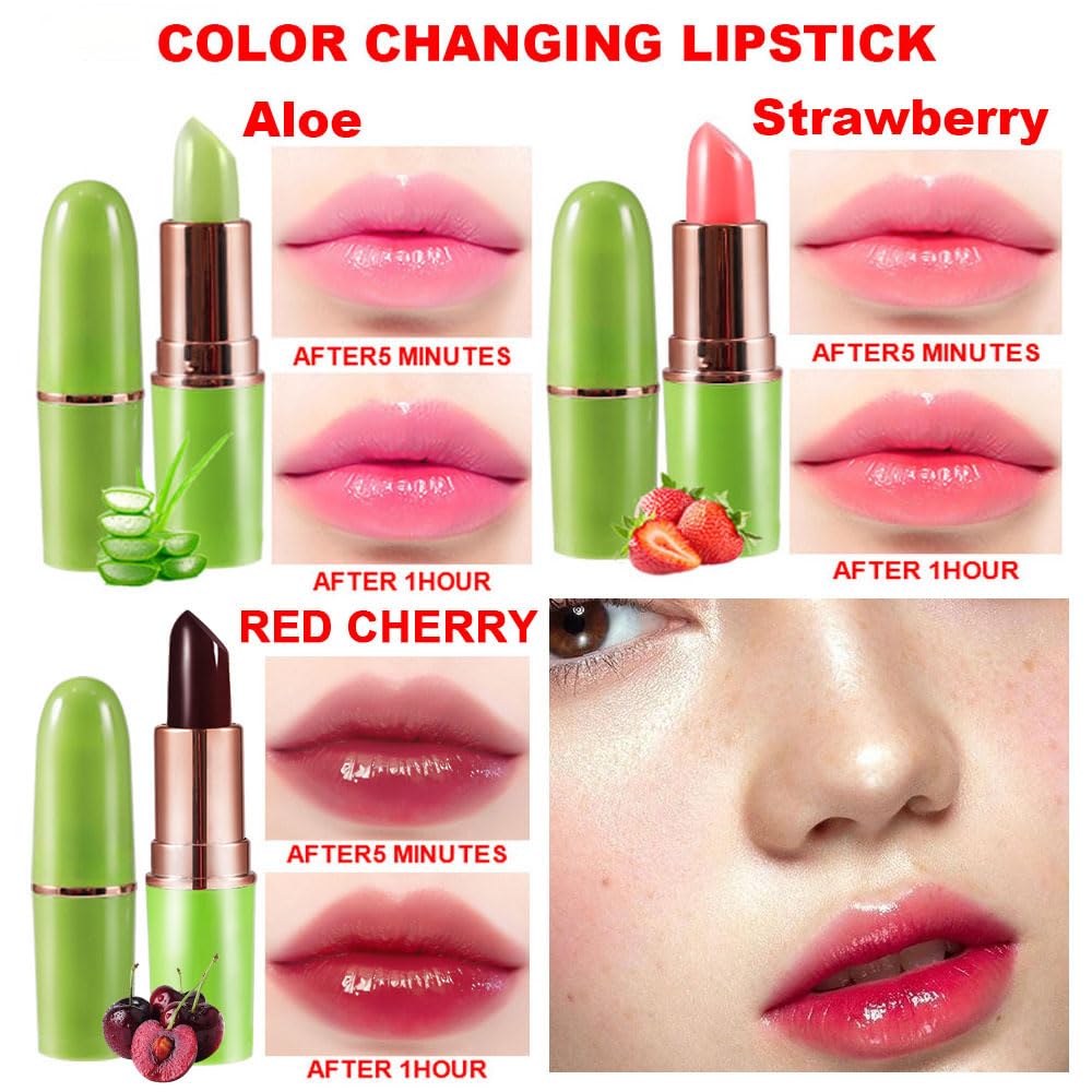 BINGBRUSH Aloe vera Color Changing Lipstick,Moisturizer Long Lasting Lip Care Magic Lip Gloss,Mood Makeup Lipstick Set,24 hours original(3Pcs Aloe+Strawberry+Cherry, 3 Count (Pack of 1))