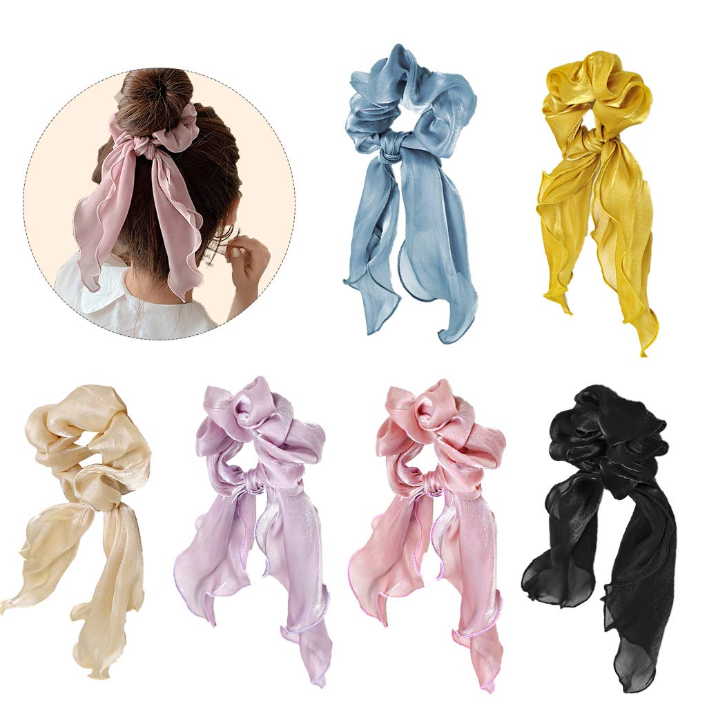 6 Pcs Chiffon Bowknot Hair Scrunchies Scarf Scrunchies Chiffon Flower Hair Bands Silk Elastics Hair Ties Satin Hair Bows Ponytail Holder Hair Accessories for Women and Girls
