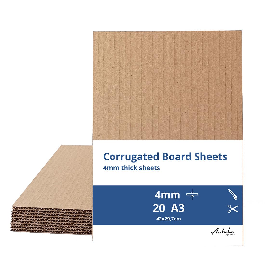 20 A3 Corrugated Cardboard Sheets - 4 mm Thick, Format 42x29.7cm - 20 Sheets A3 Large Kraft Board for Packaging, Arts&Crafts, Mailing