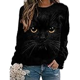 Women's Cute 3D Cat Print Long Sleeve Sweatshirt Novelty Fun Pattern Loose Round Neck Animal Lover Shirt Top