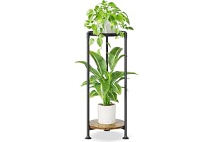 iDavosic.ly 2 Tier Corner Metal Plant Stand Indoor, 30 In Tall, Black Brown | Vertical Outdoor Flower Display Holder for 11'' Large Pot, Heavy Duty Wood Shelf for Patio Narrow Small Space, Modern Rustic