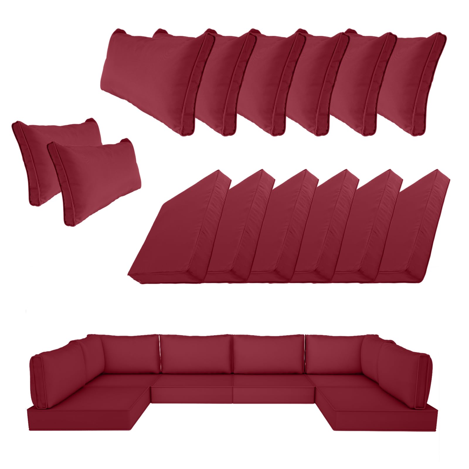 Photo 1 of 14 Piece Outdoor Patio Cushion Cover Replacement, Waterproof Patio Cushion Covers, Outdoor Furniture Cushion Covers Set for 6 Seat Wicker Rattan Sofa (Burgundy, 25.6 * 25.6 * 4 inch)